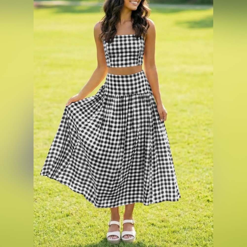 Gingham 2 Piece Set Crop Top Maxi Skirt Outfit Size L